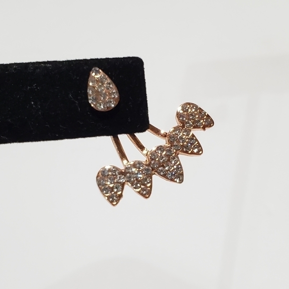 Teardrop water drop Rose goldtone hugger cuff Rhinestone pierced earrings - Picture 7 of 9